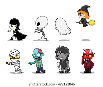 Halloween Character Big Head Side Set Cartoon Vector Illustration