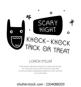 HALLOWEEN Character Black Cat With Phrase SCARY NIGHT Knock Knock  Trick Or Treat. Vector Illustration Spooky Season  Creepy Avatar On 31 October. 