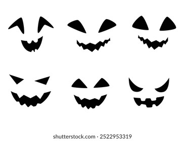 Halloween Character black silhouette face icons. Pumpkin face sign emotions. Jack O lantern pictogram isolated on white, transparent background. Vector Icon shape, simple symbol.