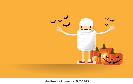 Halloween character cartoon mummy vector and orange background as illustration eps 10