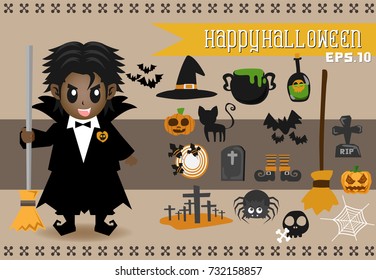 Halloween Character. Children in vampire costumes. Pumpkin, ghost, cat, witches cauldron and other traditional