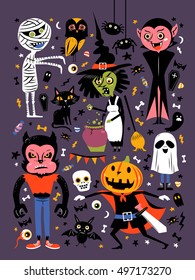 Halloween character collection, mummy, wolfman, spooky, vampire, pumpkin man and witch. lovely happy halloween elements isolated on purple background.