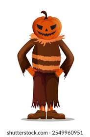 Concepto de personaje de Halloween. Espantapájaros de miedo con calabaza. Festividad internacional del miedo y el horror. Persona espeluznante y malvada. Cartel o Anuncio. Ilustración vectorial plana aislada sobre fondo blanco