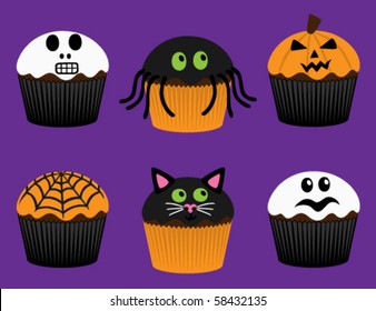 Halloween character cupcakes (Skull, Spider, Pumpkin, Spider web, Cat, and Ghost) each individually grouped and on separate layers.