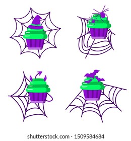 Halloween character cupcakes spiders, cobwebs, witch Hat, Bats. Purple and green acid colors, bright vector illustration.