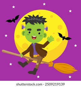 personagem de halloween ilustração frankenstein bonito voando em vassoura com fundo da lua