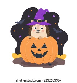 Halloween character cute hedgehog wearing witch hat with a pumpkin spooky jack o lantern. Seasonal holiday concept for banners, vector illustration
