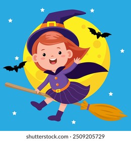 halloween character cute little witch flying on broomstick with moon background