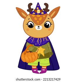 Halloween character deer in witch costume, vector illustration isolated on white background. Spooky witch character, trick or treat, halloween. 