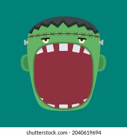 Halloween Character Design With  Big Frankenstein Character Head  And Open Mouth , Vector And Illustration.