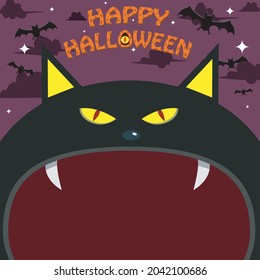 Halloween Character Design. With Black Cat Character. Big Face and Open Mouth. In Grave field. Vector And Illustration