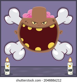 Halloween Character Design With Brown Zombie Head. On Skull and Candles. Vector and Illustration 