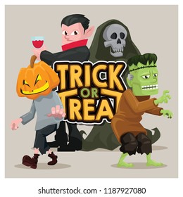 HALLOWEEN CHARACTER DESIGN COLLECTION WITH TRICK OR TREAT TYPOGRAPHY