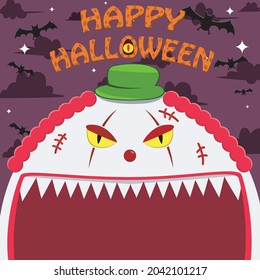 Halloween Character Design. With Creepy Clown Character. Big Face And Open Mouth. In Grave Field. Vector And Illustration