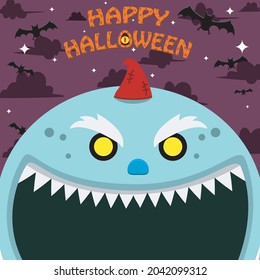 Halloween Character Design. With Creepy Gnome Character. Big Face and Open Mouth. In Grave field. Vector And Illustration