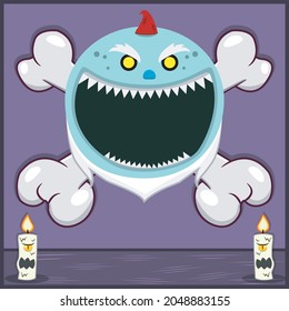 Halloween Character Design With Creepy Gnome Head. On Skull and Candles. Vector and Illustration 