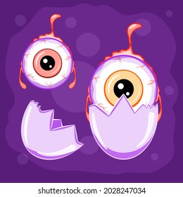 Halloween character. Halloween design element: cartoon eyeball in eggshell, red and yellow eyeballs. For Halloween kid designs: cards, invitations, posters, banners etc. Funny vector illustration. 