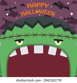 Halloween Character Design. With Frankenstein Character. Big Face and Open Mouth. In Grave field. Vector And Illustration