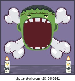 Halloween Character Design With Frankenstein Head. On Skull and Candles. Vector and Illustration 