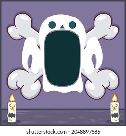 Halloween Character Design With Ghost Head. On Skull and Candles. Vector and Illustration 