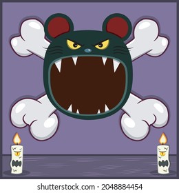 Halloween Character Design With Mouse Head. On Skull and Candles. Vector and Illustration 
