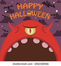 Halloween Character Design. With One Eye Monster Character. Big Face and Open Mouth. In Grave field. Vector And Illustration