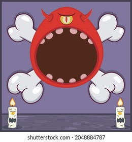 Halloween Character Design With One Eye Monster Head. On Skull and Candles. Vector and Illustration 