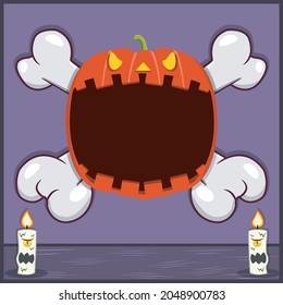 Halloween Character Design With Pumpkin Head. On Skull and Candles. Vector and Illustration 