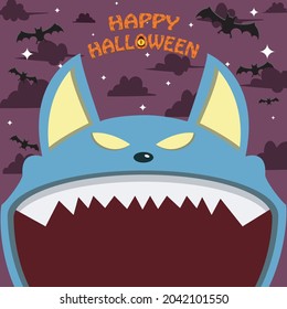 Halloween Character Design. With Wolf Character. Big Face and Open Mouth. In Grave field. Vector And Illustration