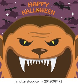 Halloween Character Design. With Wolf Man Character. Big Face and Open Mouth. In Grave field. Vector And Illustration