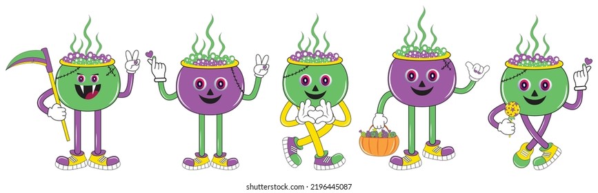 Halloween character with different emotions and face expressions. Vintage Halloween character design. Halloween character set in cartoon comic style. Halloween sticker pack.