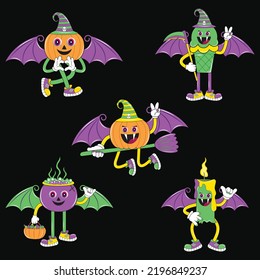 Halloween character with different emotions and face expressions. Halloween sticker pack. Vintage Halloween character design. Halloween set of patches in cartoon comic style.