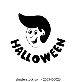 Halloween character. Dracula with lettering. Feast of Fear. Cheerful boy in the image of Dracula. Doodle style illustration