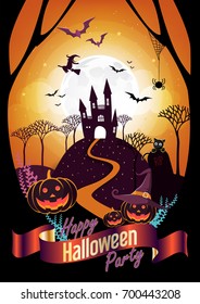 Halloween character and element design badge on full moon Background, Trick or Treat Concept, vector illustration