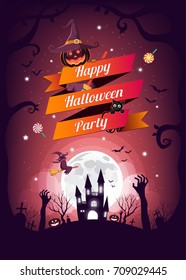 Halloween character and element design badge on full moon Background, Trick or Treat Concept, vector illustration