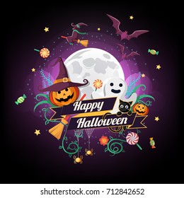 Halloween character and element design badge on full moon Background, Trick or Treat Concept, vector illustration