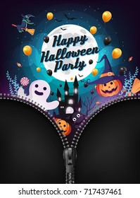 Halloween character and element design on full moon Background are opened by dragging zipper, Trick or Treat Concept, Vector illustration