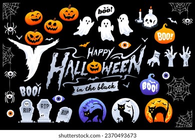 Halloween character elements in the Black, set of hand drawn illustration