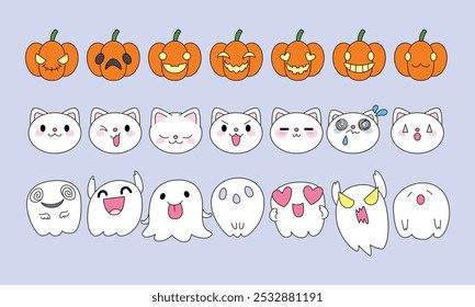 Halloween character emoticon pumpkin white cat little ghost