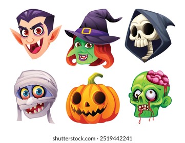 Os rostos dos personagens de Halloween incluem vampiro, bruxa, ceifadora, múmia, abóbora e zumbi. Ilustração de desenho animado vetorial