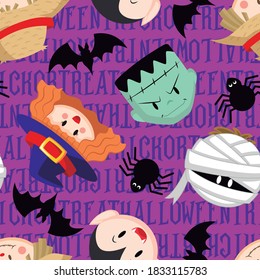 HALLOWEEN CHARACTER FACES PATTERN ON FIUSHA BACKGROUND PATTERN