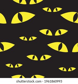 Halloween character funny cat eyes on black background seamless pattern. Evil dangerous cat animal's eyes in the dark. Vector illustration.