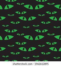 Halloween character funny green cat eyes on black background seamless pattern. Evil dangerous cat animal's eyes in the dark. Vector illustration.