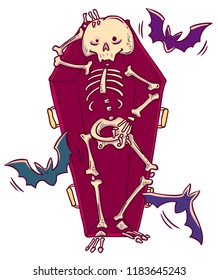 Halloween character. Funny smiling skeleton in coffin in cartoon style.