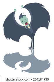Halloween character, a funny vampire with big fangs and a cape, standing with his arms up.