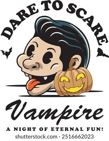 Cabeza divertida del vampiro del carácter de Halloween con la calabaza para la insignia y la etiqueta engomada, el Anuncio, el parche, la tarjeta de felicitación, la camiseta y la invitación en una Ilustración vectorial retro del estilo del surco de la historieta