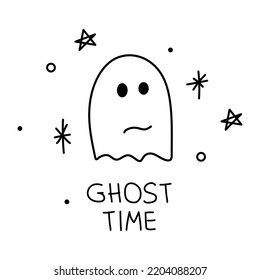 HALLOWEEN Character Ghost With Phrase GHOST TIME  For Spooky Season On 31 October.  Vector Illustration Creepy Cartoon Avatar. 