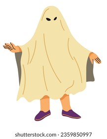 Halloween character ghost or poltergeist, personage with white sheet and holes for eyes to see. Contest or leisure fun. Trick or treat, costume for holiday party celebration. Vector in flat style
