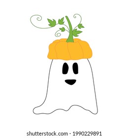 Сute Halloween character - ghost with pumpkin on his head. Can be used as sticker, vector isolated illustration on white background. Holiday Halloween character - colored smiling ghost with pumpkin.