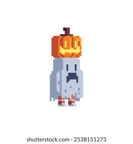 Halloween character ghost with pumpkin, pixel art, cute costume kids. Isolated vector illustration.